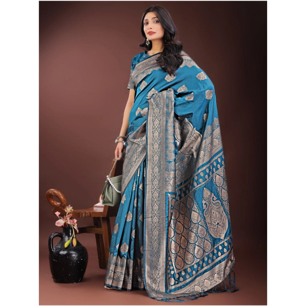 Amfyn Women's Silk Printed Saree With Unstitched Blouse 5.5Mtr (Teal)