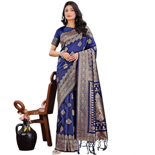 Amfyn Women's Silk Printed Saree With Unstitched Blouse 5.5Mtr (Navy Blue)