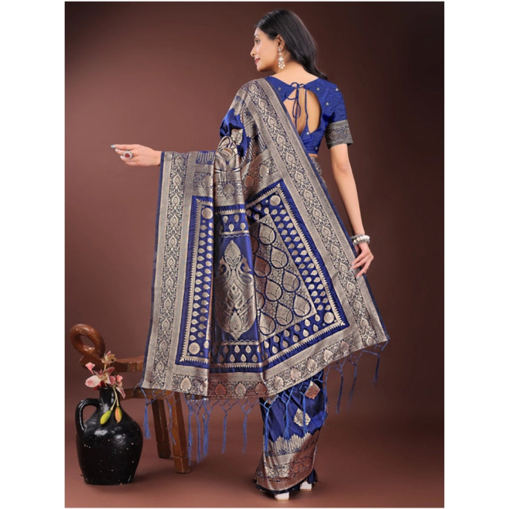 Amfyn Women's Silk Printed Saree With Unstitched Blouse 5.5Mtr (Navy Blue)