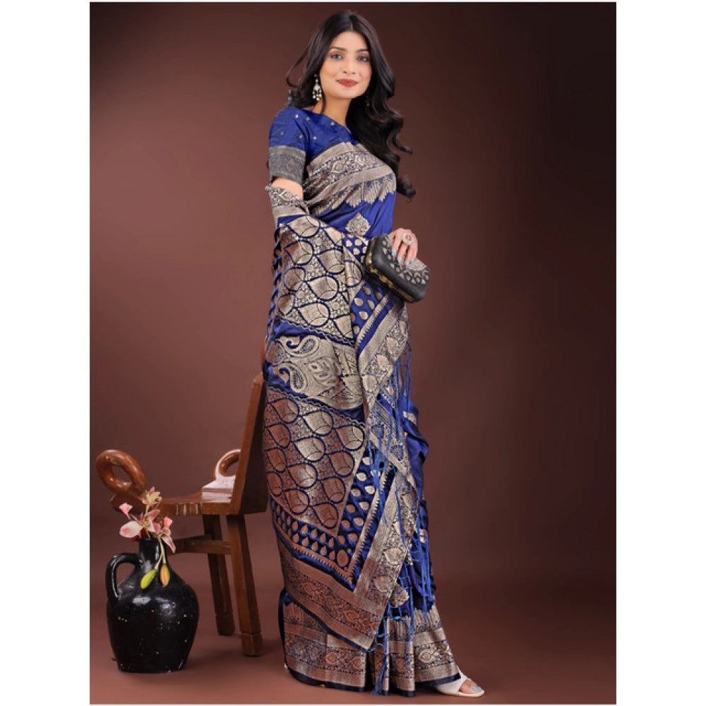 Amfyn Women's Silk Printed Saree With Unstitched Blouse 5.5Mtr (Navy Blue)
