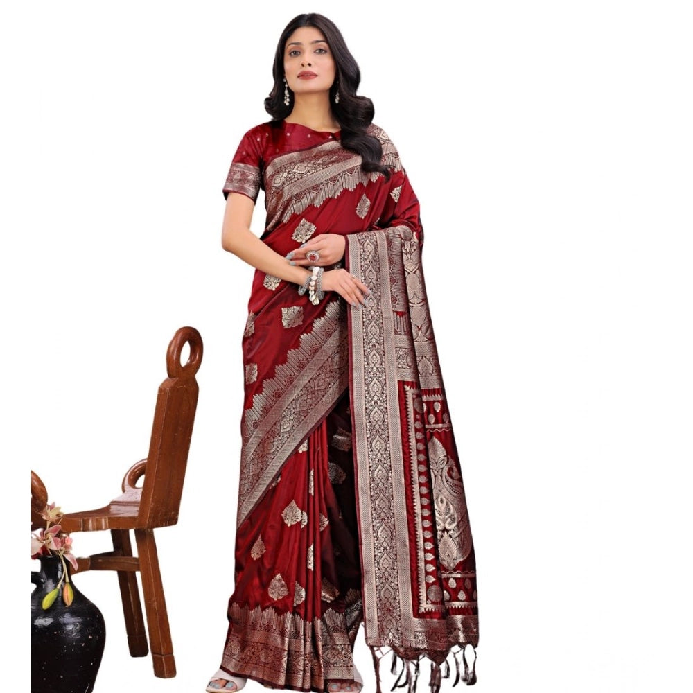 Amfyn Women's Silk Printed Saree With Unstitched Blouse 5.5Mtr (Maroon)