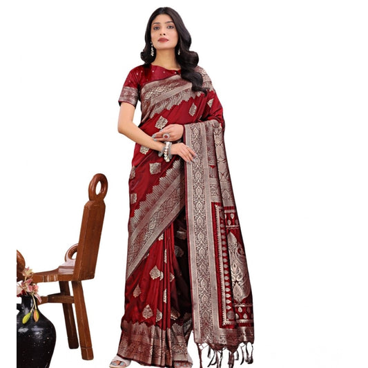 Amfyn Women's Silk Printed Saree With Unstitched Blouse 5.5Mtr (Maroon)