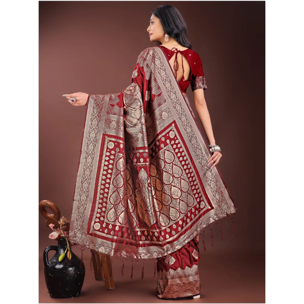 Amfyn Women's Silk Printed Saree With Unstitched Blouse 5.5Mtr (Maroon)