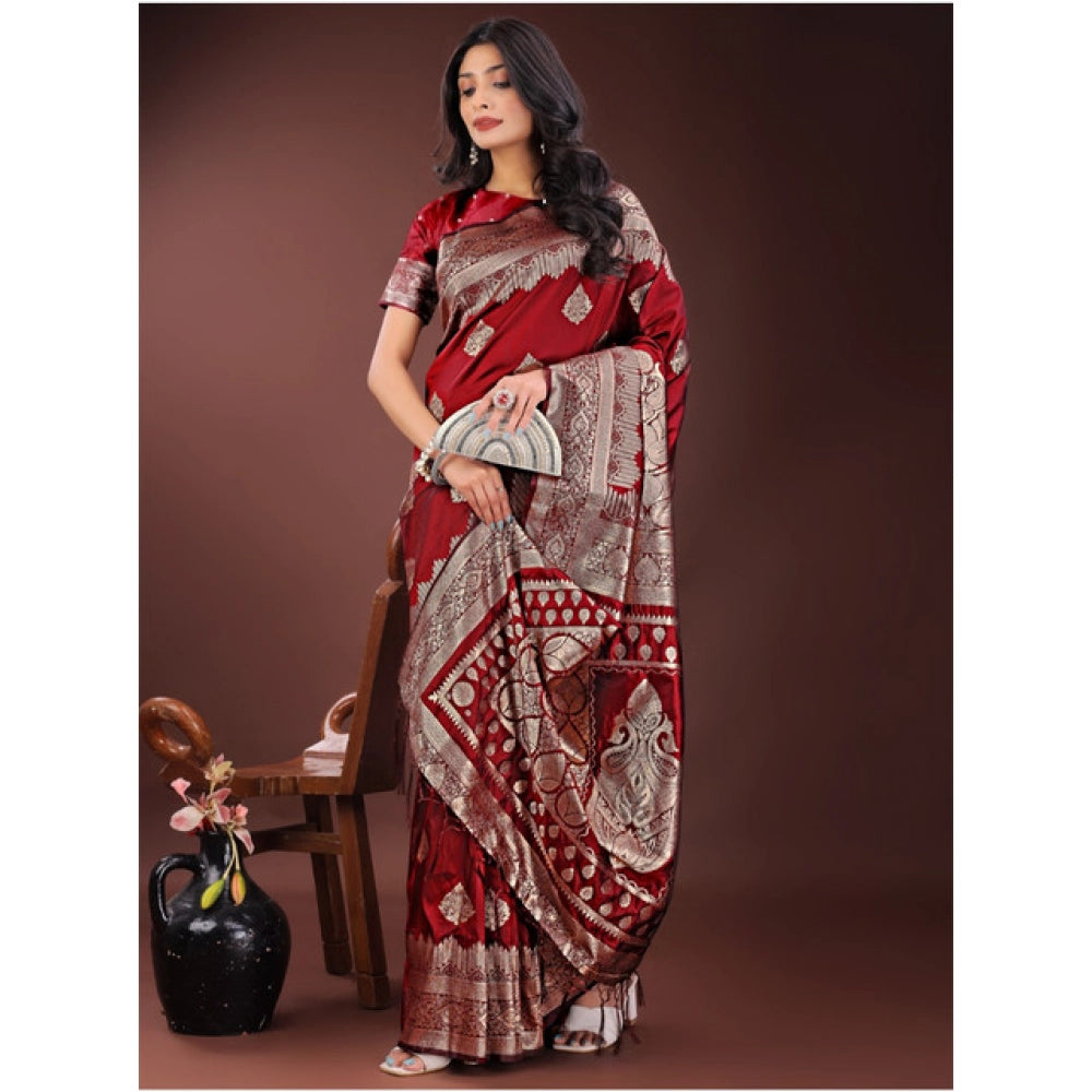 Amfyn Women's Silk Printed Saree With Unstitched Blouse 5.5Mtr (Maroon)