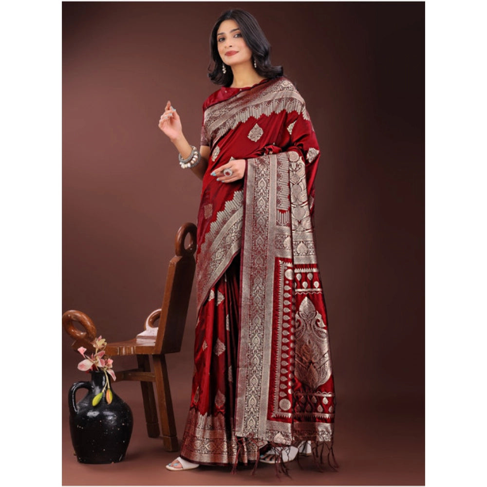 Amfyn Women's Silk Printed Saree With Unstitched Blouse 5.5Mtr (Maroon)