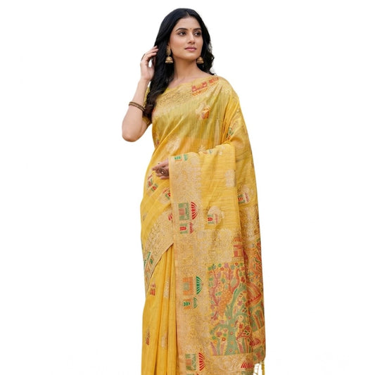 Amfyn Women's Linen Cotton Printed Saree With Unstitched Blouse 5.5Mtr (Yellow)