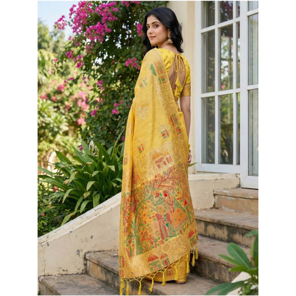 Amfyn Women's Linen Cotton Printed Saree With Unstitched Blouse 5.5Mtr (Yellow)
