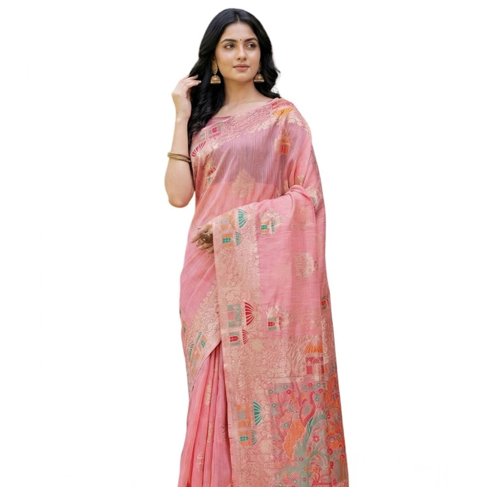 Amfyn Women's Linen Cotton Printed Saree With Unstitched Blouse 5.5Mtr (Pink)