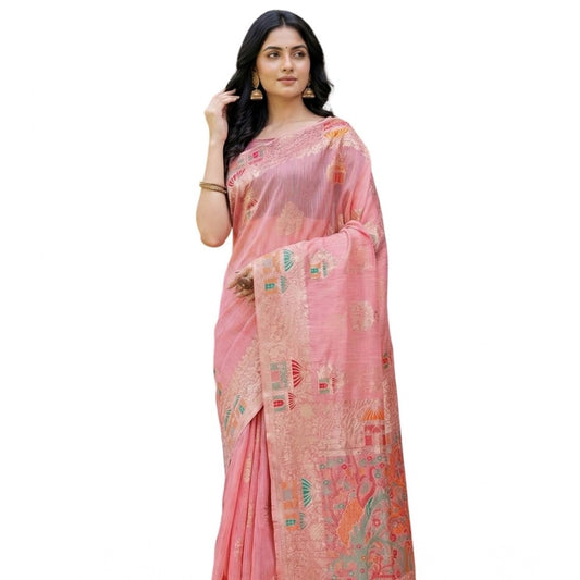 Amfyn Women's Linen Cotton Printed Saree With Unstitched Blouse 5.5Mtr (Pink)