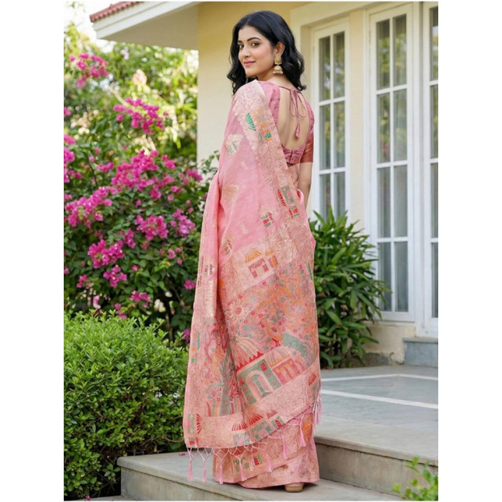 Amfyn Women's Linen Cotton Printed Saree With Unstitched Blouse 5.5Mtr (Pink)