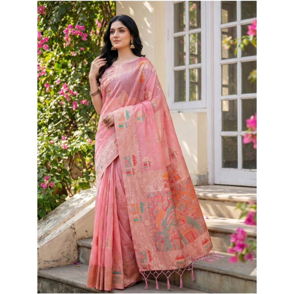 Amfyn Women's Linen Cotton Printed Saree With Unstitched Blouse 5.5Mtr (Pink)