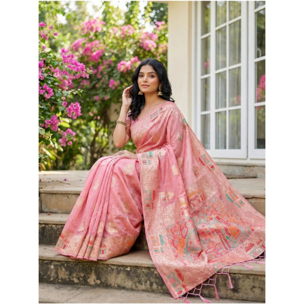 Amfyn Women's Linen Cotton Printed Saree With Unstitched Blouse 5.5Mtr (Pink)