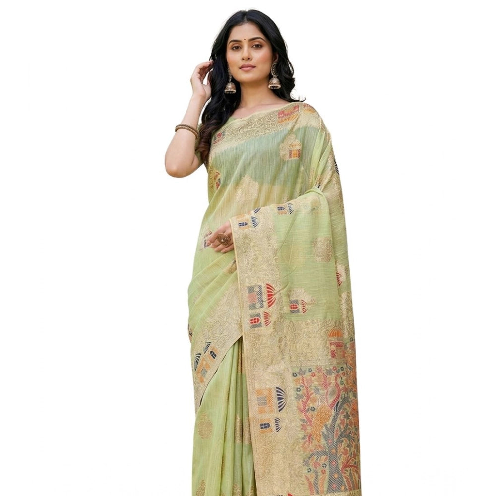 Amfyn Women's Linen Cotton Printed Saree With Unstitched Blouse 5.5Mtr (Light Green)