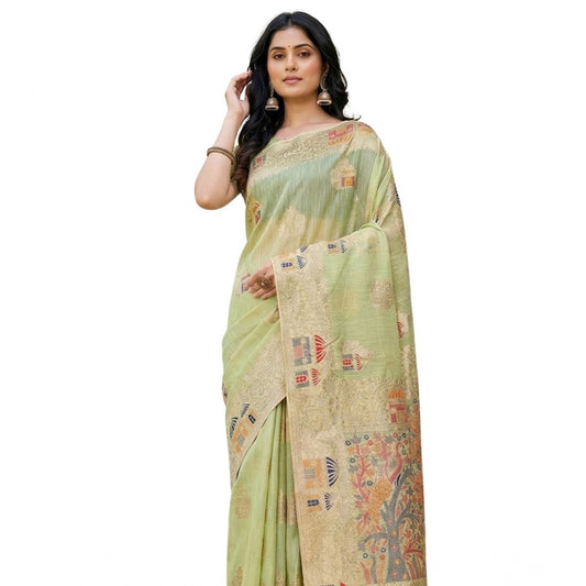 Amfyn Women's Linen Cotton Printed Saree With Unstitched Blouse 5.5Mtr (Light Green)