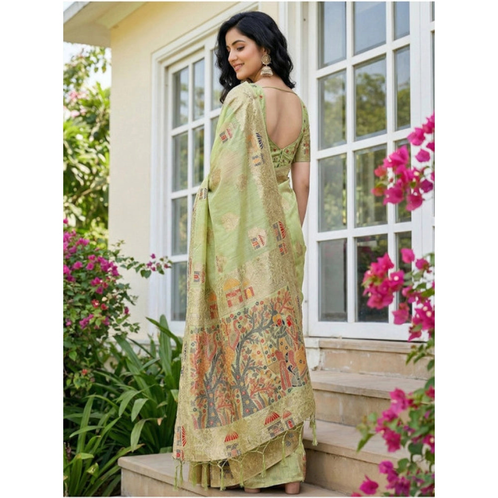 Amfyn Women's Linen Cotton Printed Saree With Unstitched Blouse 5.5Mtr (Light Green)