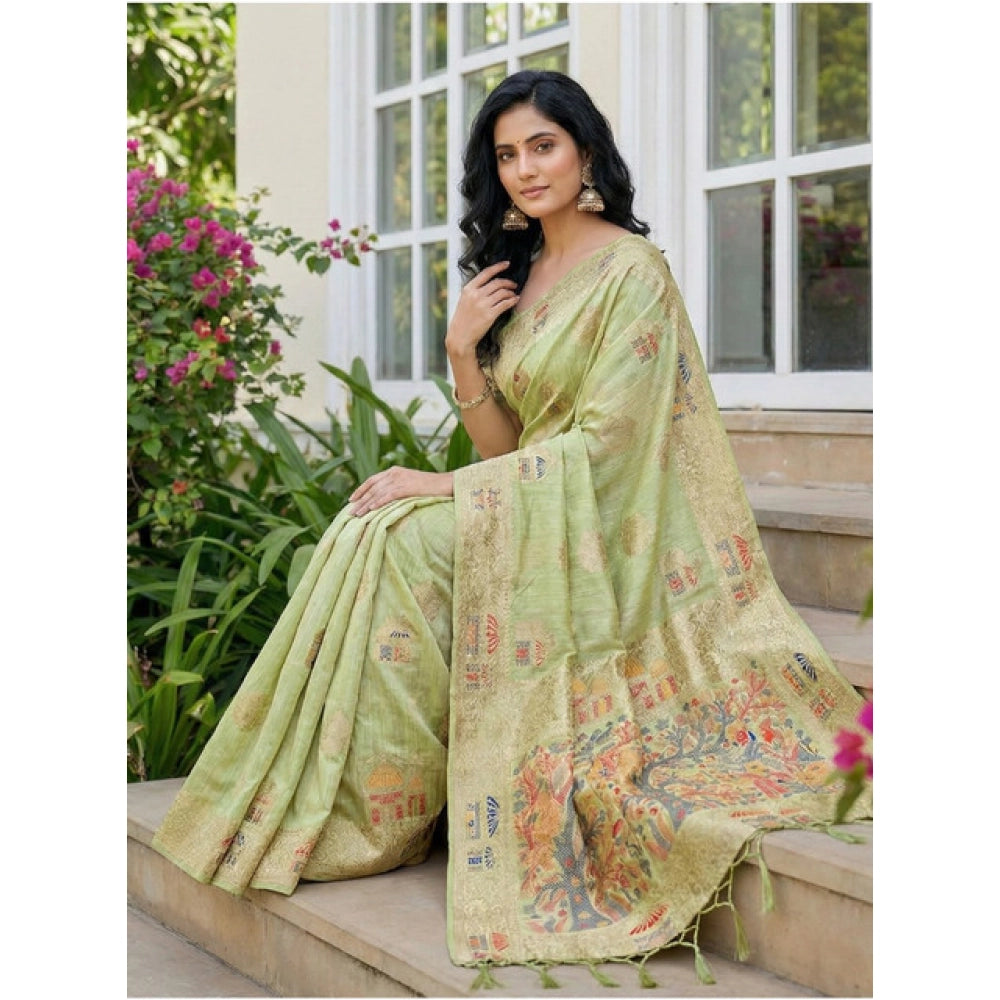 Amfyn Women's Linen Cotton Printed Saree With Unstitched Blouse 5.5Mtr (Light Green)