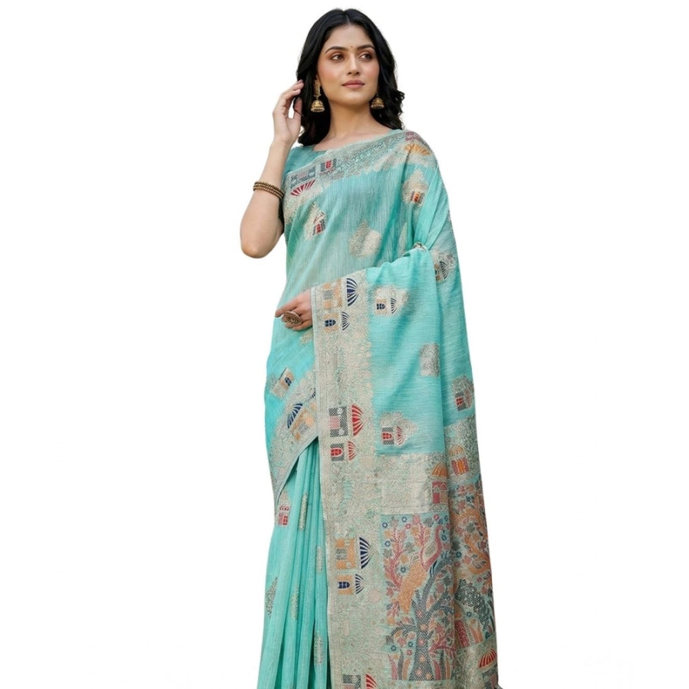 Amfyn Women's Linen Cotton Printed Saree With Unstitched Blouse 5.5Mtr (Sky Blue)