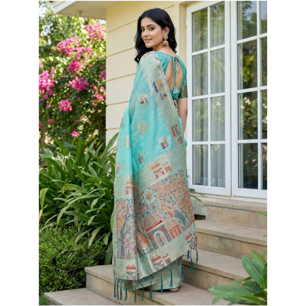 Amfyn Women's Linen Cotton Printed Saree With Unstitched Blouse 5.5Mtr (Sky Blue)