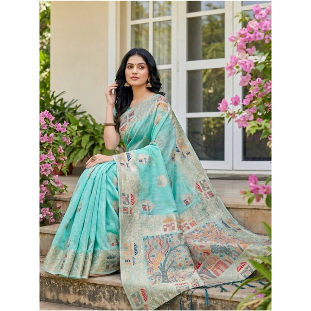 Amfyn Women's Linen Cotton Printed Saree With Unstitched Blouse 5.5Mtr (Sky Blue)