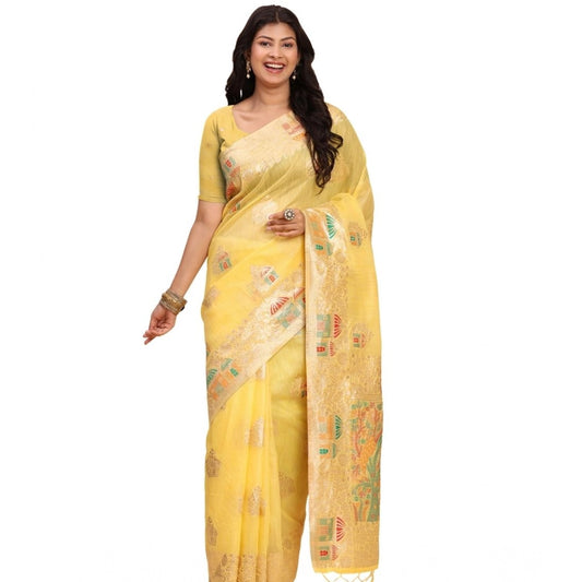 Amfyn Women's Linen Cotton Printed Saree With Unstitched Blouse 5.5Mtr (Yellow)