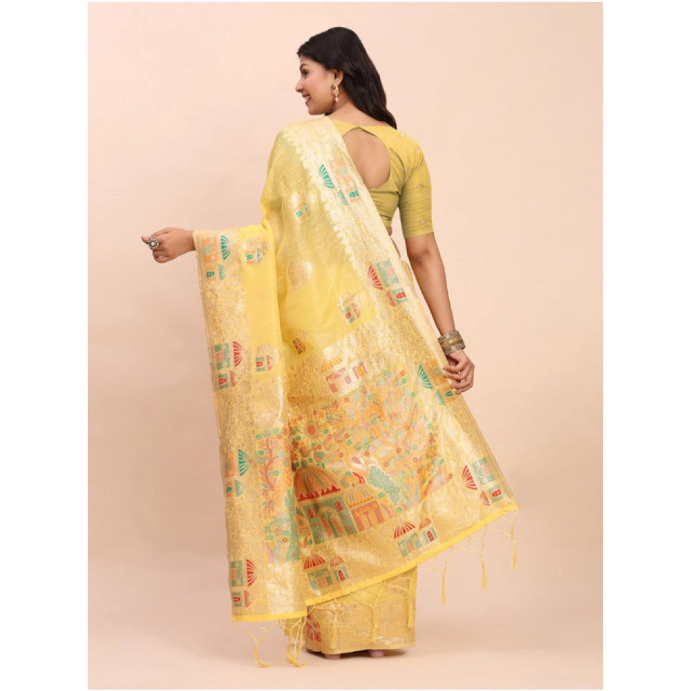 Amfyn Women's Linen Cotton Printed Saree With Unstitched Blouse 5.5Mtr (Yellow)