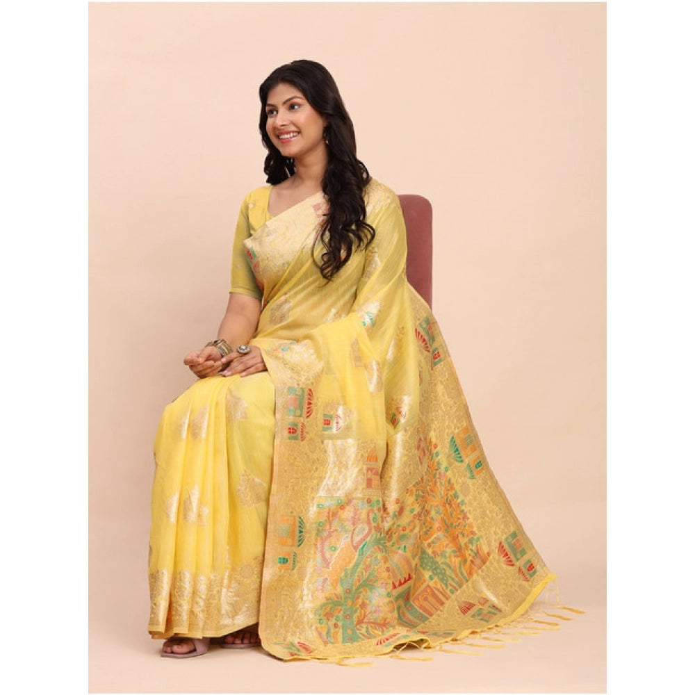 Amfyn Women's Linen Cotton Printed Saree With Unstitched Blouse 5.5Mtr (Yellow)