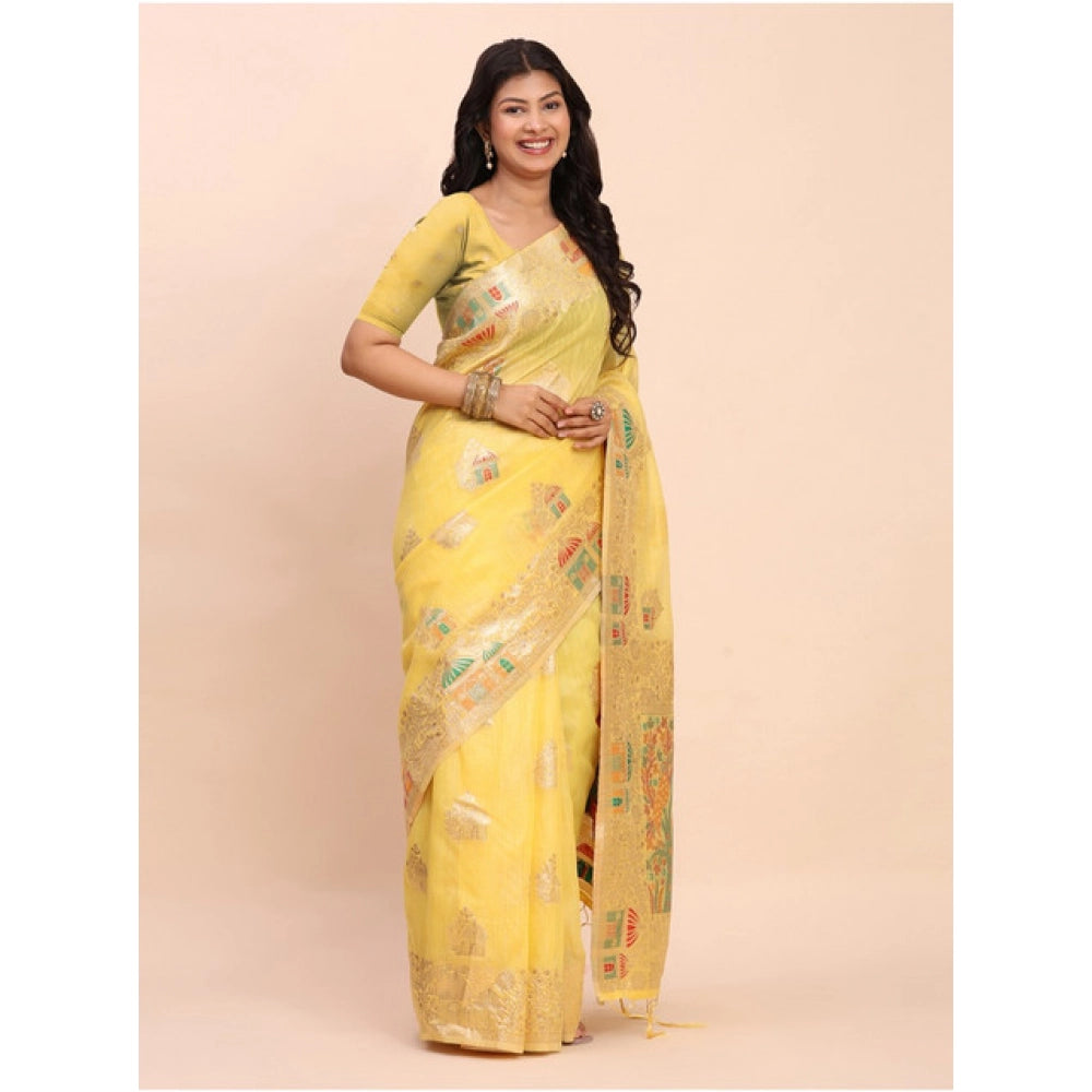 Amfyn Women's Linen Cotton Printed Saree With Unstitched Blouse 5.5Mtr (Yellow)