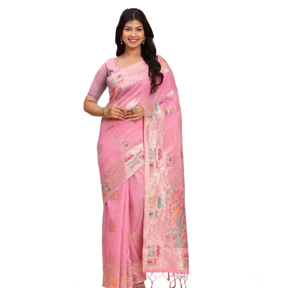 Amfyn Women's Linen Cotton Printed Saree With Unstitched Blouse 5.5Mtr (Pink)