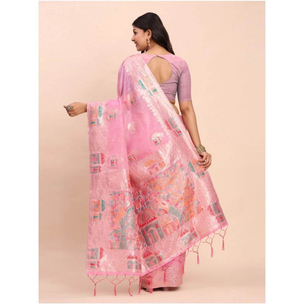 Amfyn Women's Linen Cotton Printed Saree With Unstitched Blouse 5.5Mtr (Pink)