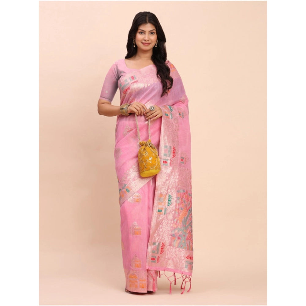 Amfyn Women's Linen Cotton Printed Saree With Unstitched Blouse 5.5Mtr (Pink)