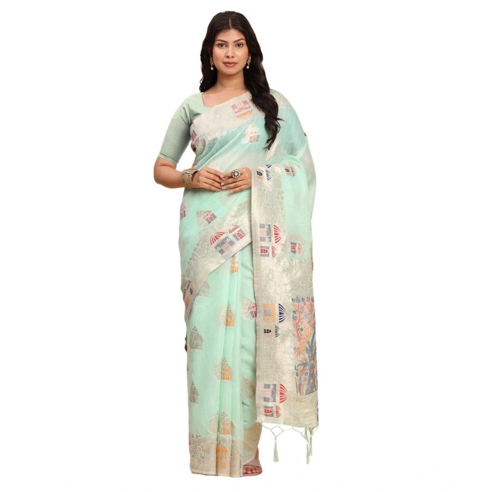 Amfyn Women's Linen Cotton Printed Saree With Unstitched Blouse 5.5Mtr (Sea Green)