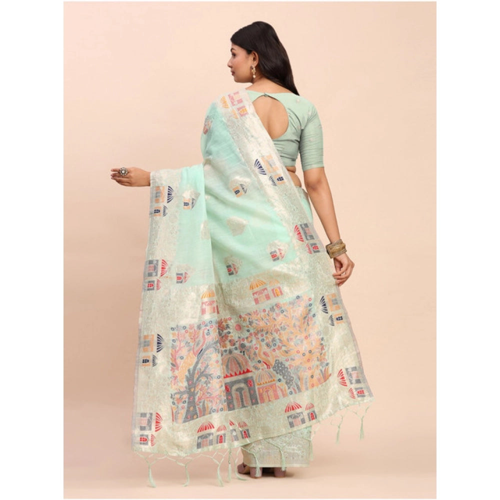 Amfyn Women's Linen Cotton Printed Saree With Unstitched Blouse 5.5Mtr (Sea Green)