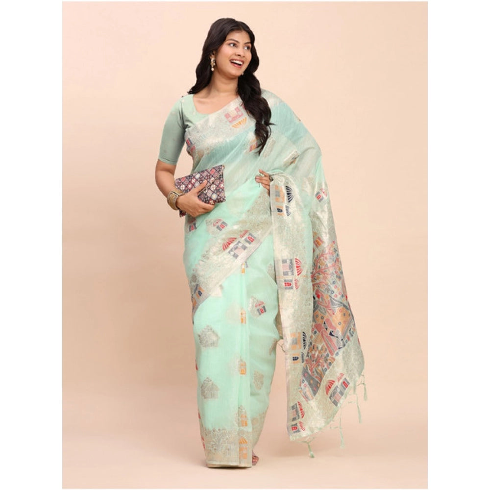 Amfyn Women's Linen Cotton Printed Saree With Unstitched Blouse 5.5Mtr (Sea Green)