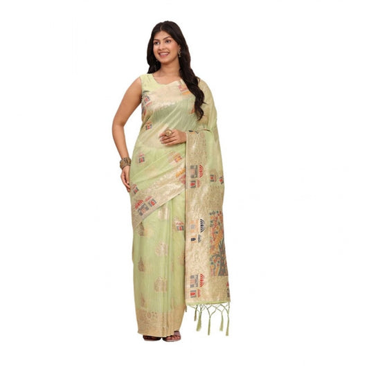 Amfyn Women's Linen Cotton Printed Saree With Unstitched Blouse 5.5Mtr (Light Green)