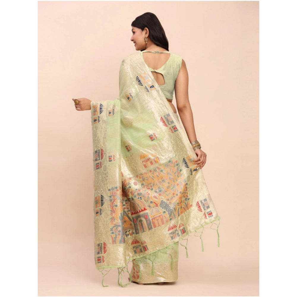 Amfyn Women's Linen Cotton Printed Saree With Unstitched Blouse 5.5Mtr (Light Green)