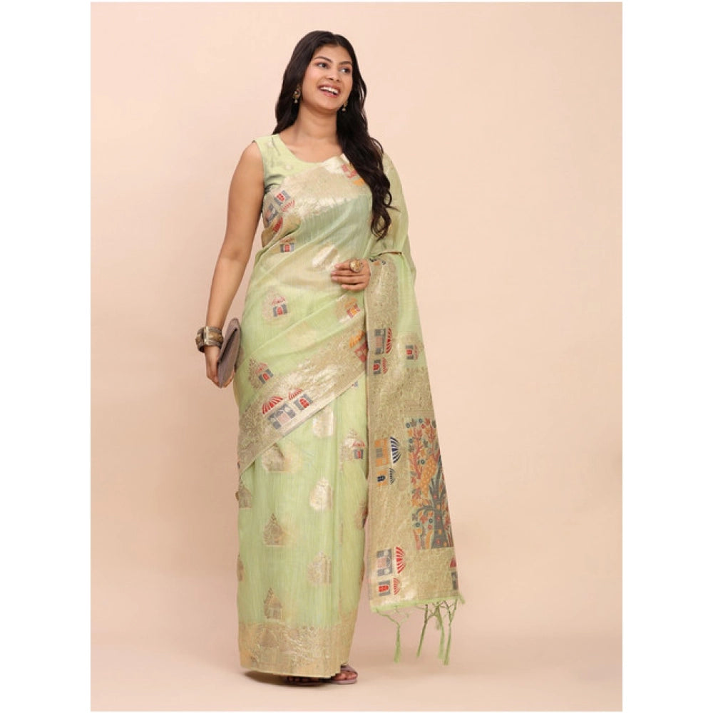 Amfyn Women's Linen Cotton Printed Saree With Unstitched Blouse 5.5Mtr (Light Green)