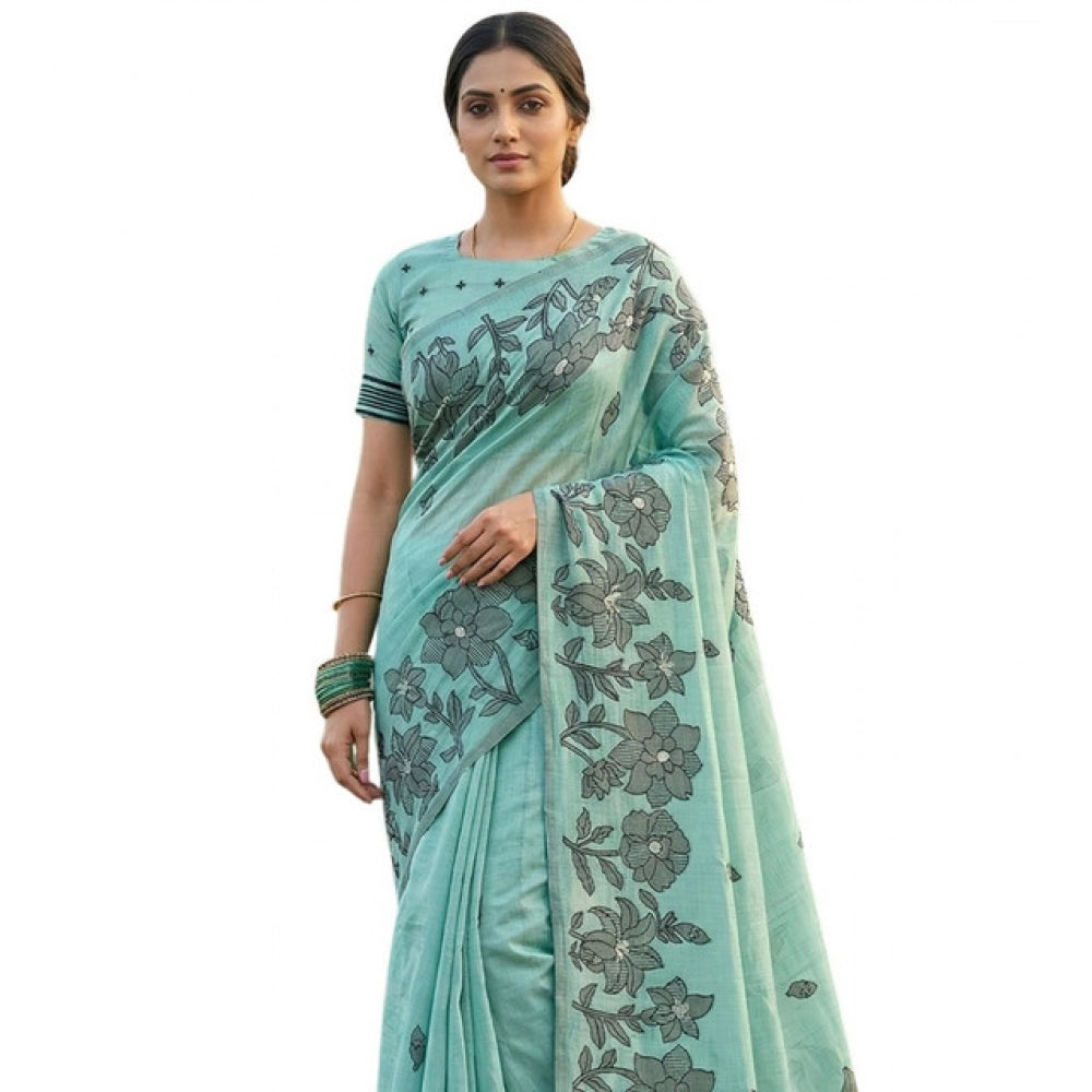 Amfyn Women's Linen Cotton Printed Saree With Unstitched Blouse 5.5Mtr (Sea Green)