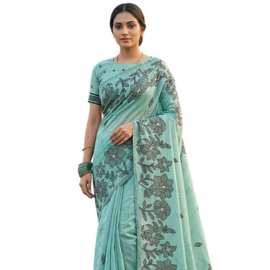 Amfyn Women's Linen Cotton Printed Saree With Unstitched Blouse 5.5Mtr (Sea Green)