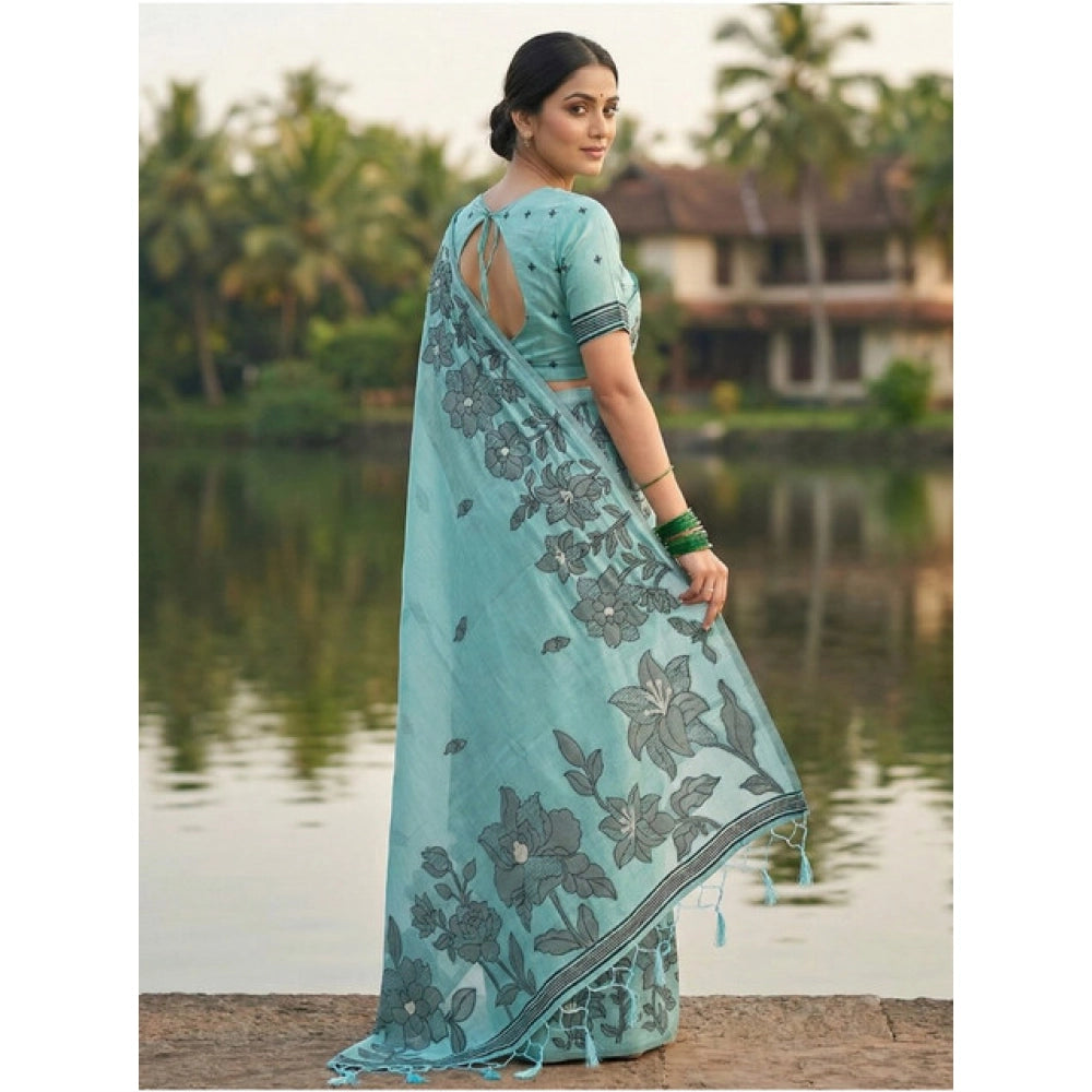Amfyn Women's Linen Cotton Printed Saree With Unstitched Blouse 5.5Mtr (Sea Green)
