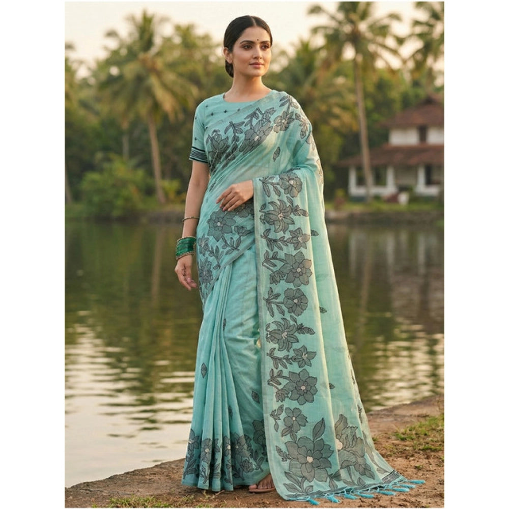 Amfyn Women's Linen Cotton Printed Saree With Unstitched Blouse 5.5Mtr (Sea Green)