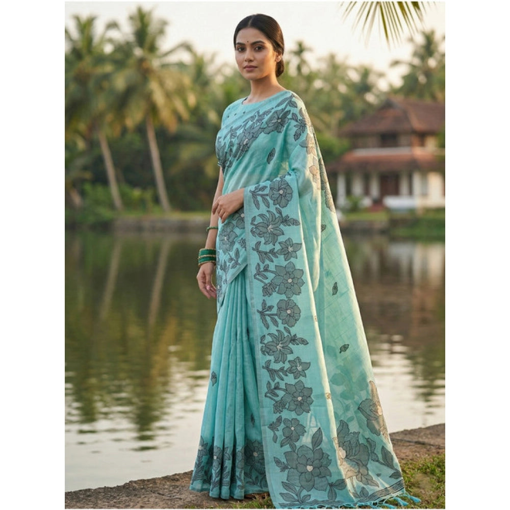 Amfyn Women's Linen Cotton Printed Saree With Unstitched Blouse 5.5Mtr (Sea Green)