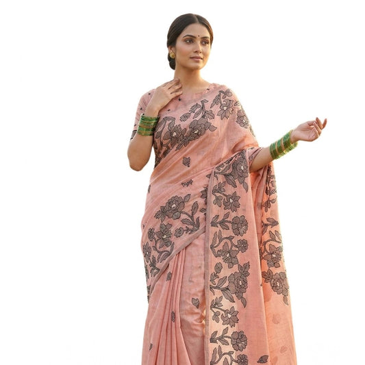 Amfyn Women's Linen Cotton Printed Saree With Unstitched Blouse 5.5Mtr (Orange)