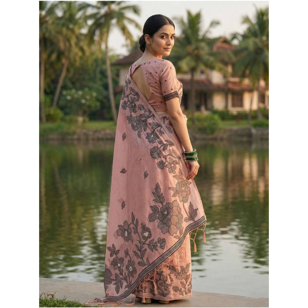 Amfyn Women's Linen Cotton Printed Saree With Unstitched Blouse 5.5Mtr (Peach)