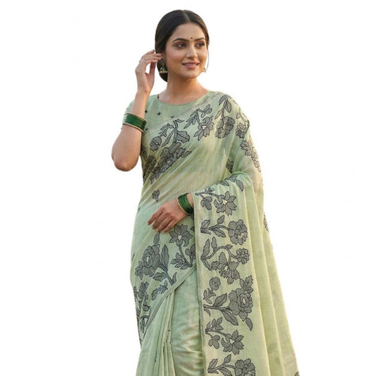 Amfyn Women's Linen Cotton Printed Saree With Unstitched Blouse 5.5Mtr (Light Green)