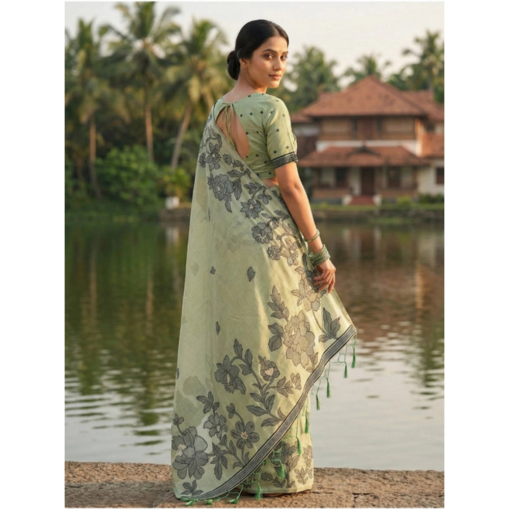 Amfyn Women's Linen Cotton Printed Saree With Unstitched Blouse 5.5Mtr (Light Green)