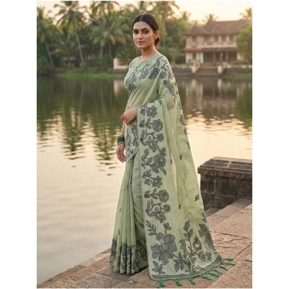 Amfyn Women's Linen Cotton Printed Saree With Unstitched Blouse 5.5Mtr (Light Green)