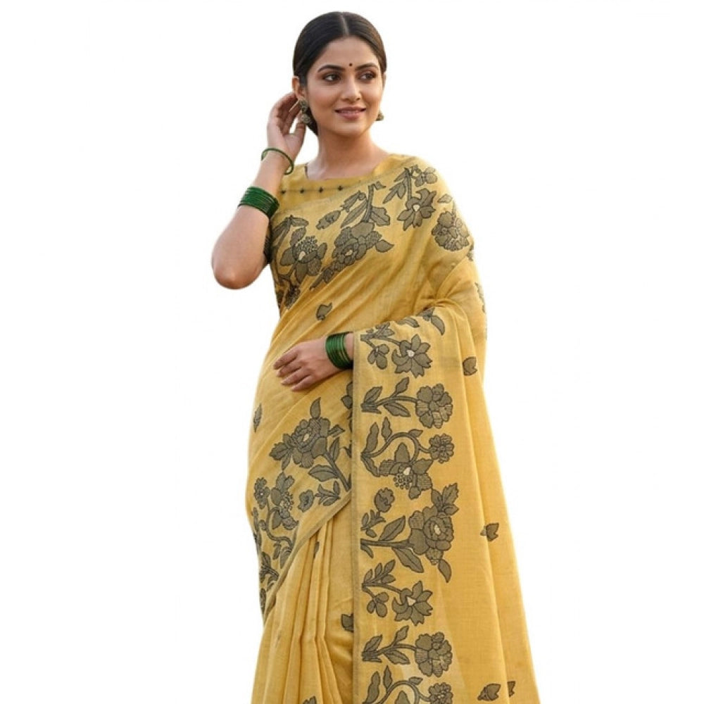 Amfyn Women's Linen Cotton Printed Saree With Unstitched Blouse 5.5Mtr (Yellow)