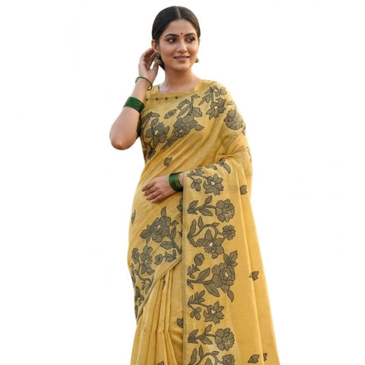 Amfyn Women's Linen Cotton Printed Saree With Unstitched Blouse 5.5Mtr (Yellow)