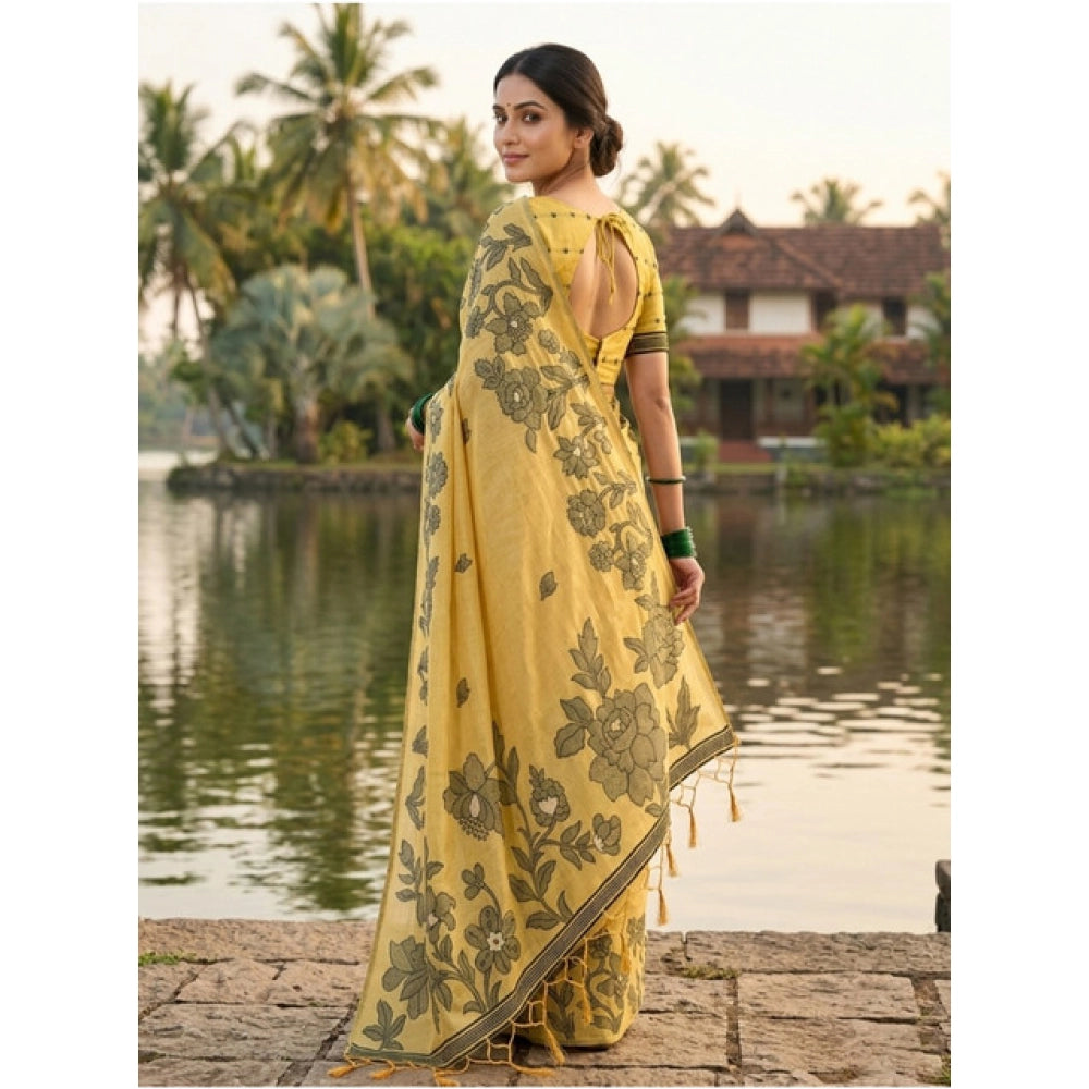 Amfyn Women's Linen Cotton Printed Saree With Unstitched Blouse 5.5Mtr (Yellow)