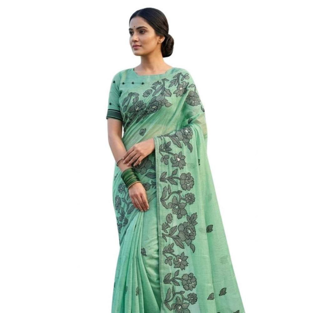 Amfyn Women's Linen Cotton Printed Saree With Unstitched Blouse 5.5Mtr (Rama Green)